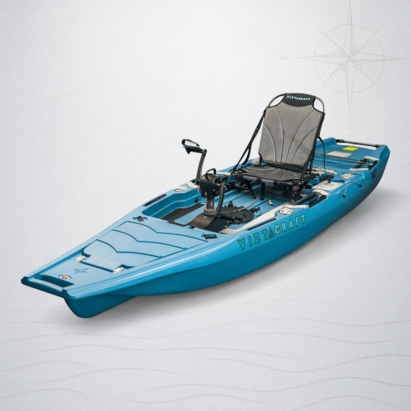 Load image into Gallery viewer, Side profile of 12ft ViztaCraft 360 fishing kayak with pedal drive system