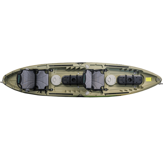 Stable tandem fishing kayak with deluxe adjustable seats and hatches