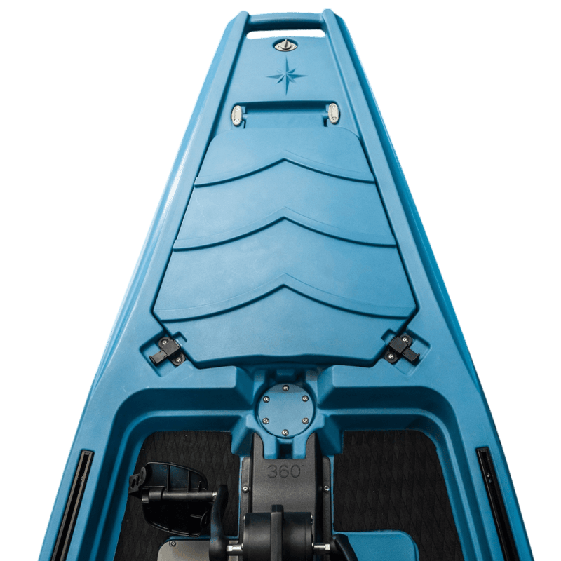 Load image into Gallery viewer, Large storage hatch on 360 degree prop drive fishing kayak open for gear
