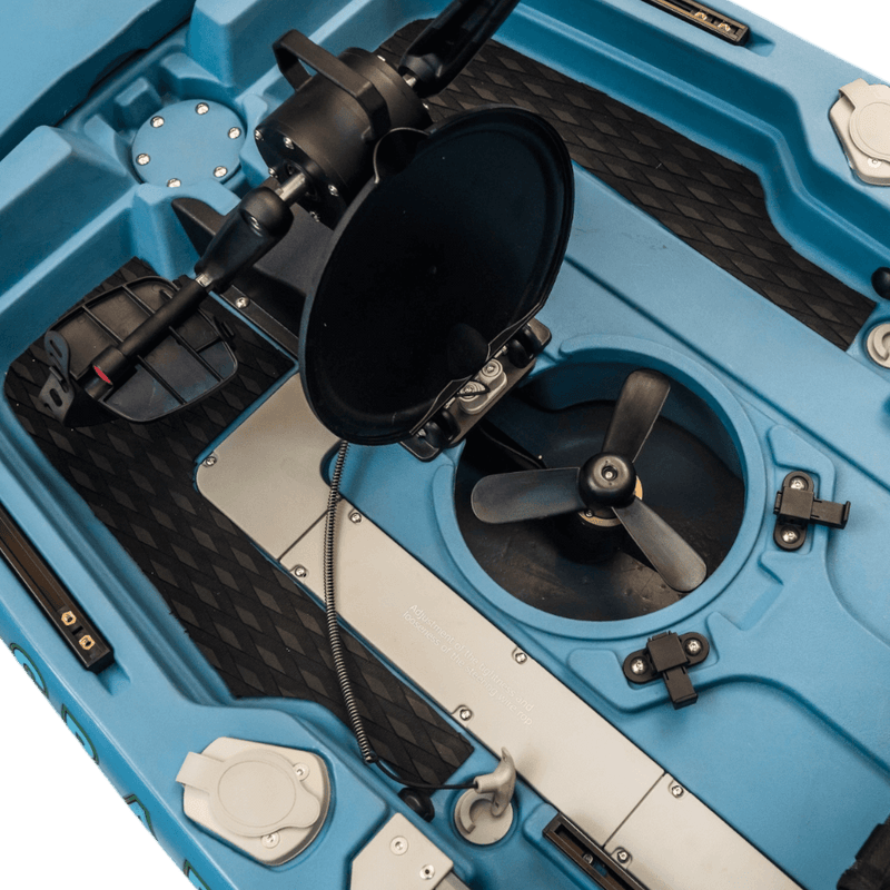 Load image into Gallery viewer, Flip-up prop drive raised for shallow water navigation on pedal kayak
